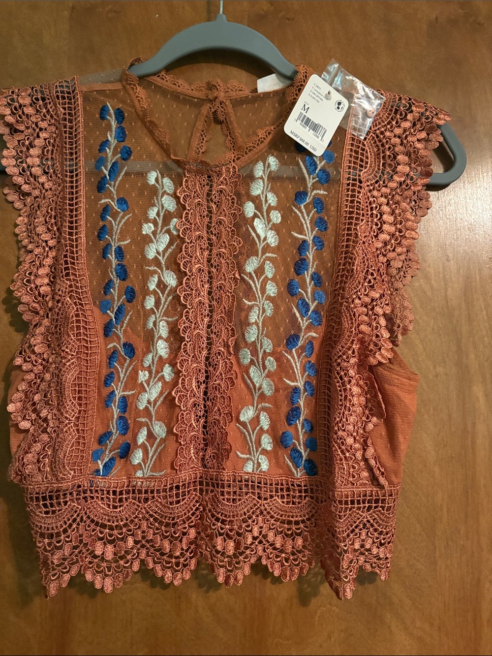 Free People Rustembroidered Lace Trim Camisole with Blue and Cream Accents - Picture 2 of 5